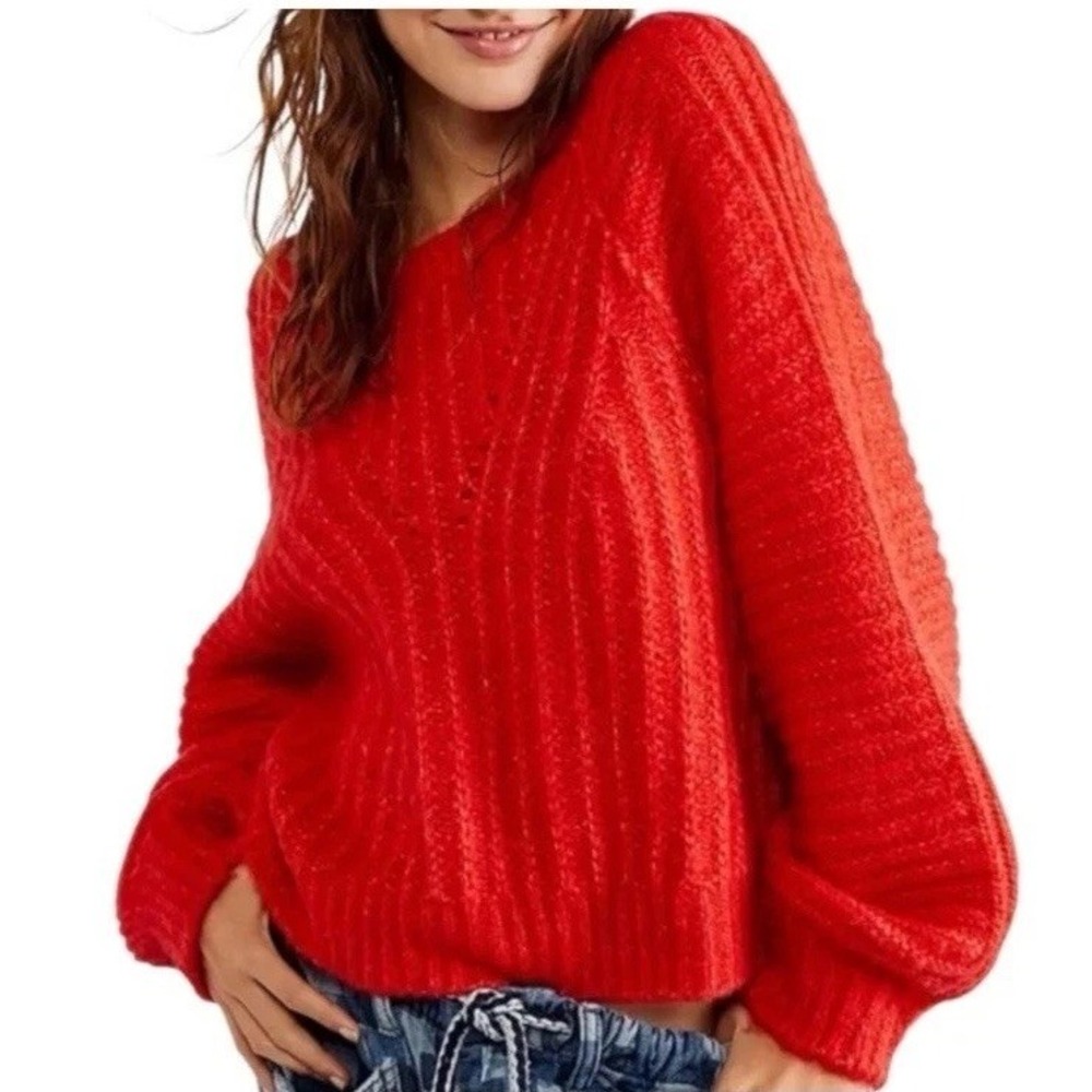 Free People Carter Fuzzy-Knit Pullover Sweater Red Hot OverSized Women's XS